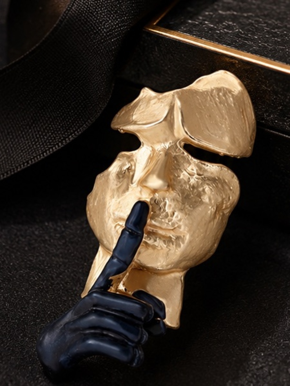 Sculptural Gold Face Brooch with Dark Hand Couture Jewelry